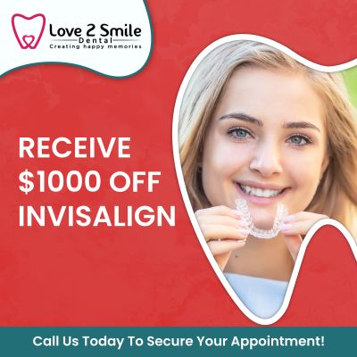 Receive $1000 Off Invisalign at Love 2 Smile Dental Practice. Transform your smile with clear, comfortable aligners designed to fit your lifestyle. Straighten your teeth discreetly while enjoying this limited-time savings opportunity. Our friendly team ensures a smooth, supportive experience from consultation to your final smile. Take advantage of this Invisalign offer today and start your journey to a confident, radiant smile! Receive $1000 Off Invisalign at Love 2 Smile Dental Practice. Transform your smile with clear, comfortable aligners designed to fit your lifestyle. Straighten your teeth discreetly while enjoying this limited-time savings opportunity. Our friendly team ensures a smooth, supportive experience from consultation to your final smile. Take advantage of this Invisalign offer today and start your journey to a confident, radiant smile!