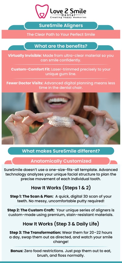 Common questions asked by patients: What is SureSmile Aligner? How does SureSmile Aligner work? Are SureSmile aligners a good alternative to traditional braces? How long does SureSmile aligner treatment usually take? What dental issues can SureSmile clear aligners correct?
Straighten your smile with SureSmile® in Dallas, TX, a clear aligner option designed to fit comfortably into your lifestyle. At Love 2 Smile Dental, Dr. Divya Nagaraj, DDS, and our team provide personalized aligner care to help improve your smile with confidence. SureSmile® aligners offer a discreet, convenient way to achieve healthier, straighter teeth. For more information, contact us today or schedule an appointment online. We are located at 1050 N Bryan-Belt Line Rd Ste 102, Mesquite, TX 75149. We serve patients from Mesquite, Dallas TX, Sunnyvale TX, Forney TX, Balch Springs TX, Garland TX, Rowlett TX, and surrounding areas.