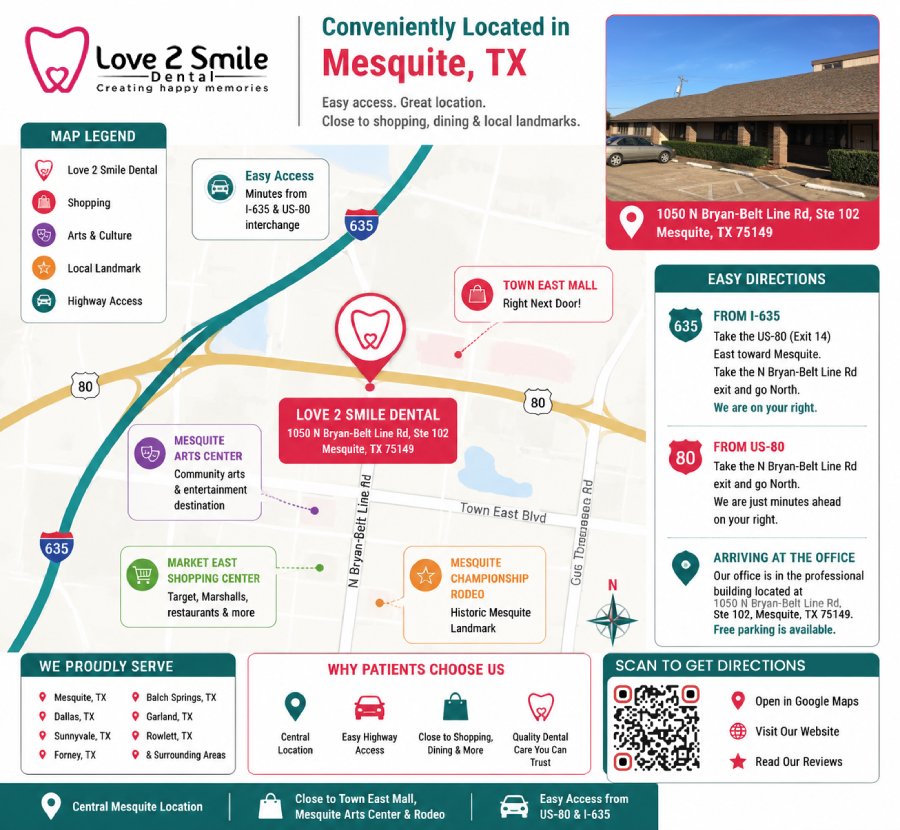 Location and Proximity of Love 2 Smile Dental Serving Mesquite, Dallas TX Location and Proximity of Love 2 Smile Dental Serving Mesquite, Dallas TX