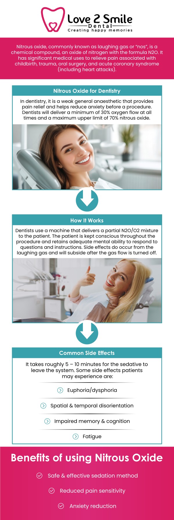 How nitrous oxide works involves delivering a controlled mixture of nitrous oxide and oxygen through a small nasal mask to help patients feel calm and comfortable during dental procedures. At Love 2 Smile Dental, Dr. Divya Nagaraj, DDS, and the team use this gentle sedation option to help reduce dental anxiety while allowing patients to remain awake, relaxed, and able to communicate throughout treatment. The calming effects usually begin within minutes, and most patients can return to their regular activities shortly after the procedure. For more information, contact us today or book an appointment online. We are located at 1050 N Bryan-Belt Line Rd Ste 102, Mesquite, TX 75149. How nitrous oxide works involves delivering a controlled mixture of nitrous oxide and oxygen through a small nasal mask to help patients feel calm and comfortable during dental procedures. At Love 2 Smile Dental, Dr. Divya Nagaraj, DDS, and the team use this gentle sedation option to help reduce dental anxiety while allowing patients to remain awake, relaxed, and able to communicate throughout treatment. The calming effects usually begin within minutes, and most patients can return to their regular activities shortly after the procedure. For more information, contact us today or book an appointment online. We are located at 1050 N Bryan-Belt Line Rd Ste 102, Mesquite, TX 75149.