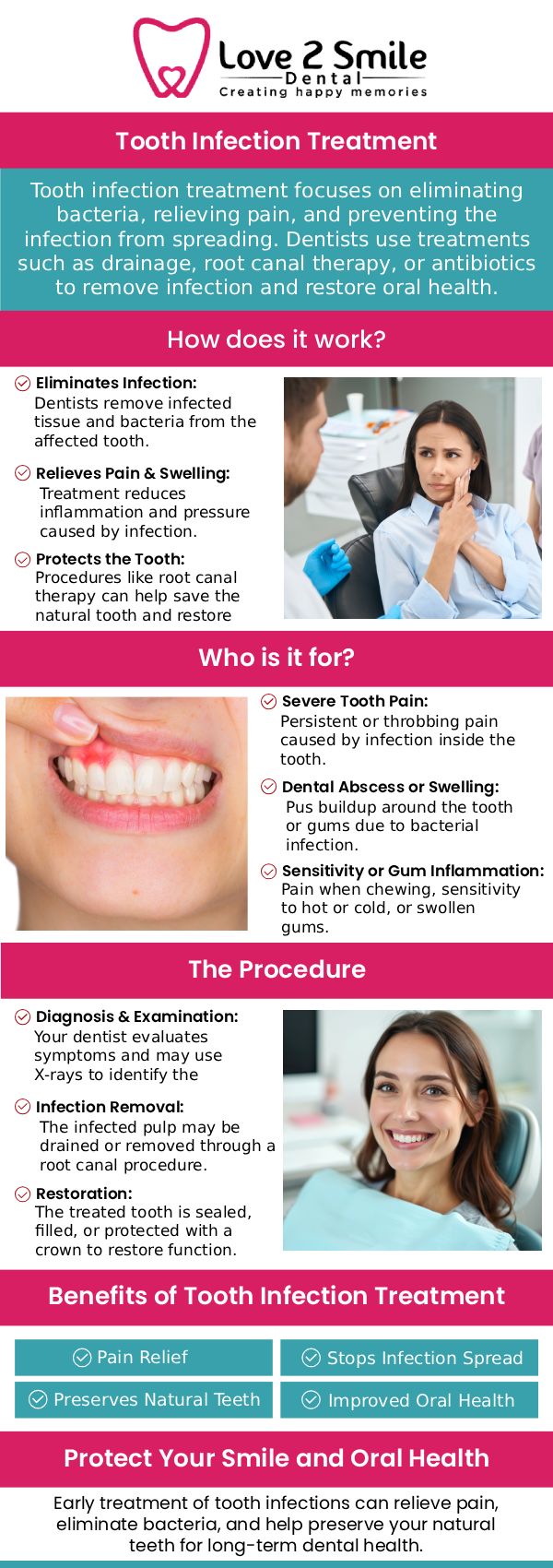 Tooth infection signs often include persistent tooth pain that may feel sharp, throbbing, or constant and worsen over time. Swelling in the gums, jaw, or face can also develop as the infection spreads and pressure builds in the affected area. Many patients notice increased sensitivity to hot or cold foods, along with a bad taste or odor in the mouth caused by bacteria or pus. If these symptoms appear, prompt dental care is essential to prevent the infection from worsening. At Love 2 Smile Dental Practice, Dr. Divya Nagaraj, DDS, and the team in Mesquite, TX carefully evaluate and treat tooth infections to provide fast relief and protect long-term oral health. For more information, contact us today or book an appointment online. We are located at 1050 N Bryan-Belt Line Rd Ste 102, Mesquite, TX 75149. Tooth infection signs often include persistent tooth pain that may feel sharp, throbbing, or constant and worsen over time. Swelling in the gums, jaw, or face can also develop as the infection spreads and pressure builds in the affected area. Many patients notice increased sensitivity to hot or cold foods, along with a bad taste or odor in the mouth caused by bacteria or pus. If these symptoms appear, prompt dental care is essential to prevent the infection from worsening. At Love 2 Smile Dental Practice, Dr. Divya Nagaraj, DDS, and the team in Mesquite, TX carefully evaluate and treat tooth infections to provide fast relief and protect long-term oral health. For more information, contact us today or book an appointment online. We are located at 1050 N Bryan-Belt Line Rd Ste 102, Mesquite, TX 75149.