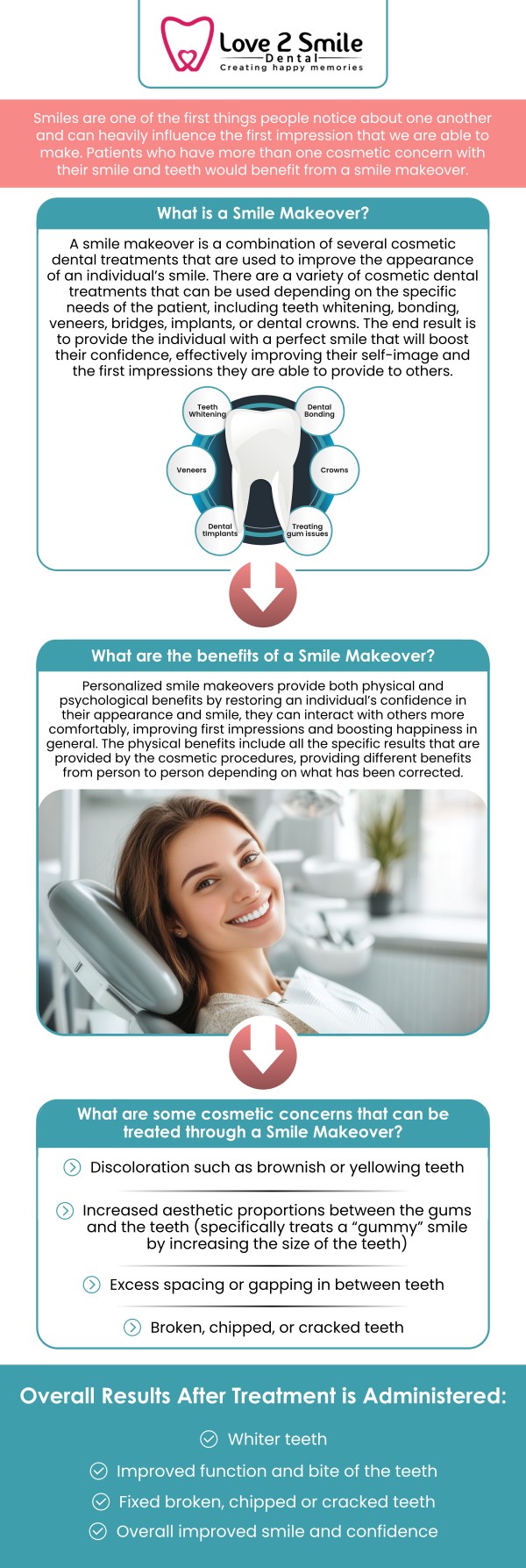 A smile makeover is a personalized dental treatment plan designed to improve the appearance and function of your smile. At Love 2 Smile Dental in Mesquite, TX, Dr. Divya Nagaraj, DDS, and team offer customized smile makeover options based on your individual needs. Treatments may include Teeth Whitening, Dental Crowns, Dental Bridges, Dental Implants, Dentures, or Clear Aligners to help create a healthier, more confident smile. For more information, contact us today or book an appointment online. We are located at 1050 N Bryan-Belt Line Rd Ste 102, Mesquite, TX 75149. A smile makeover is a personalized dental treatment plan designed to improve the appearance and function of your smile. At Love 2 Smile Dental in Mesquite, TX, Dr. Divya Nagaraj, DDS, and team offer customized smile makeover options based on your individual needs. Treatments may include Teeth Whitening, Dental Crowns, Dental Bridges, Dental Implants, Dentures, or Clear Aligners to help create a healthier, more confident smile. For more information, contact us today or book an appointment online. We are located at 1050 N Bryan-Belt Line Rd Ste 102, Mesquite, TX 75149.